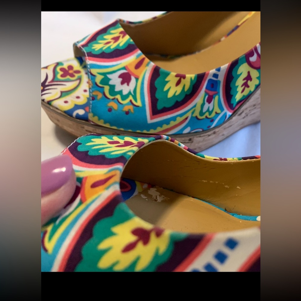 Vibrant Multicolor Floral Print Cork Wedge Heels - Picture 9 of 15